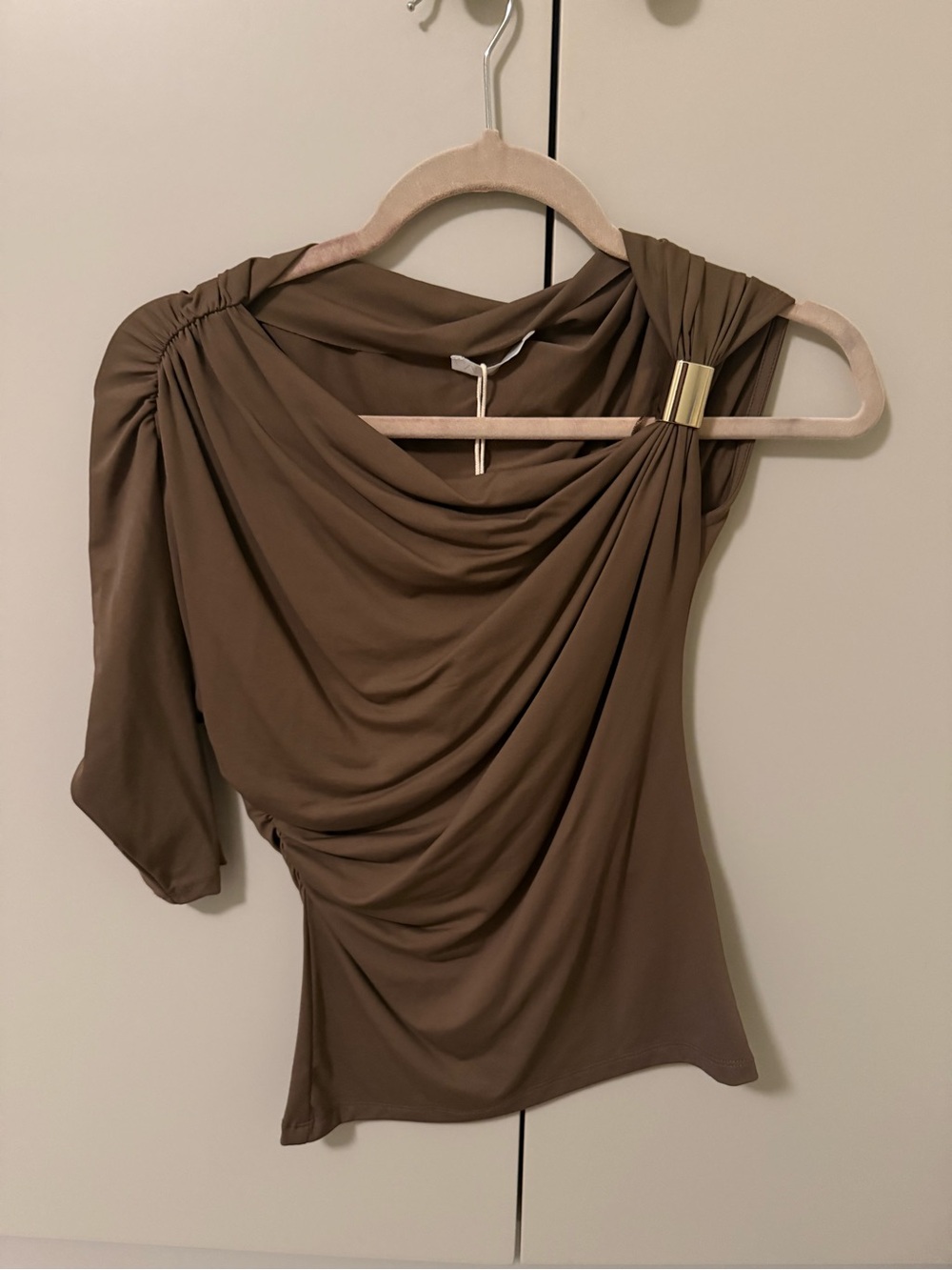 NWT Zara Brown One-Shoulder Draped Top with Gold Accent